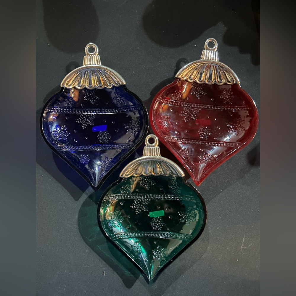 Towle Blue, Red, and Green Holiday Ornaments